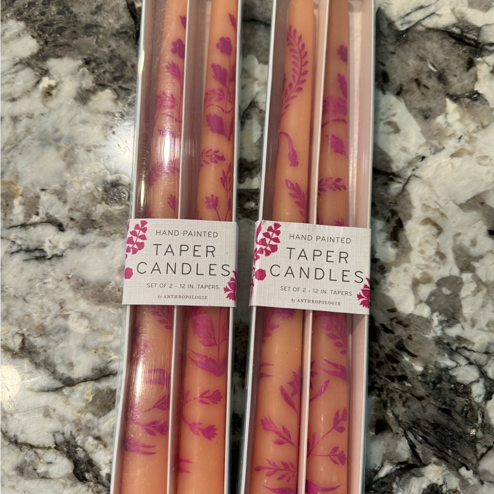Anthropologie 12 Inch Hand Painted Orange Pink Floral Set of 4 Taper Candles NIB